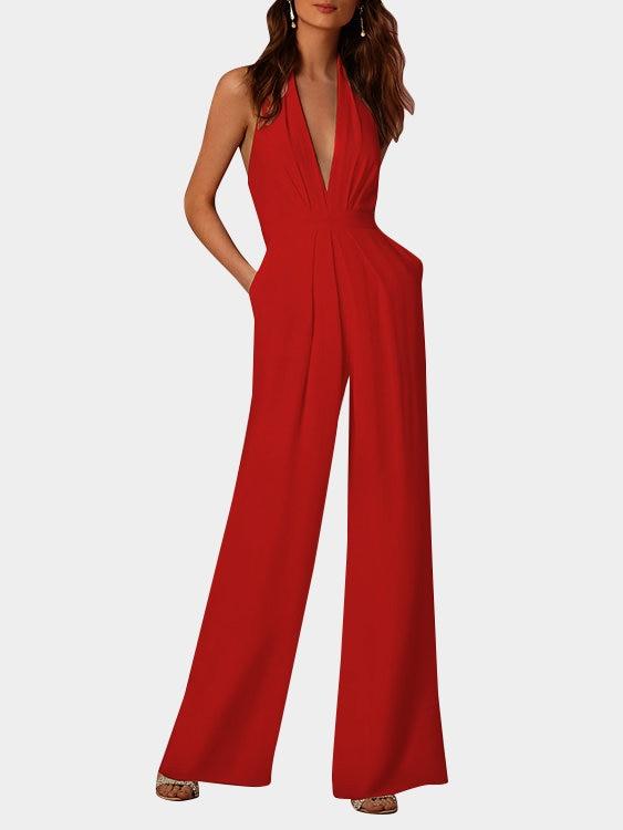 Valenzora | Deep V-neck Sleeveless Wide Leg Jumpsuit
