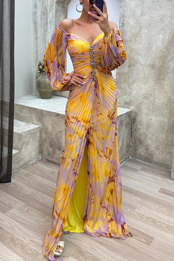 Valenzora | Sunset Serenade Printed Off-Shoulder Maxi Dress with Diamond Embellishments and Pleated Skirts with Slits