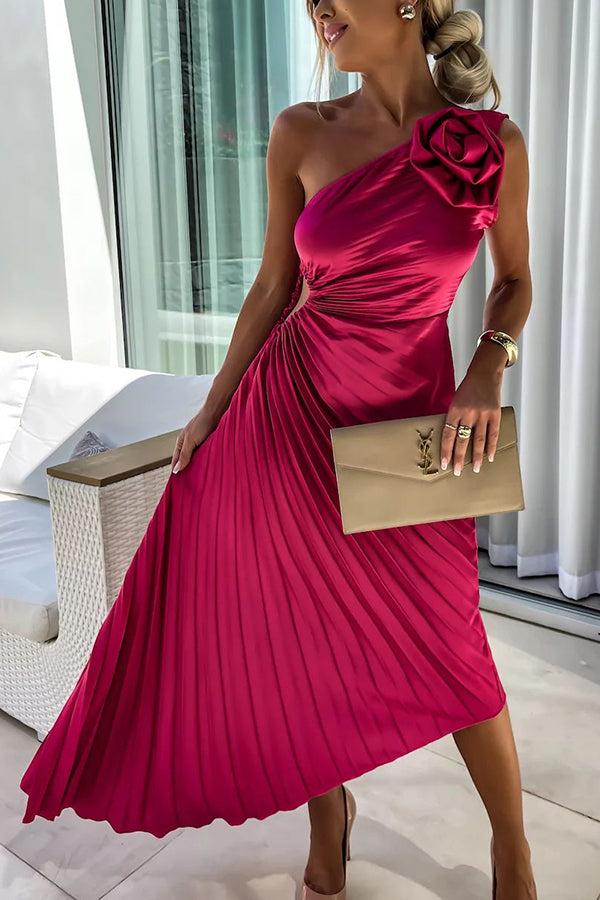 Valenzora | Romantic Nights Satin Sublime Floral Elastic Cutout One-Shoulder Pleated Maxi Dress