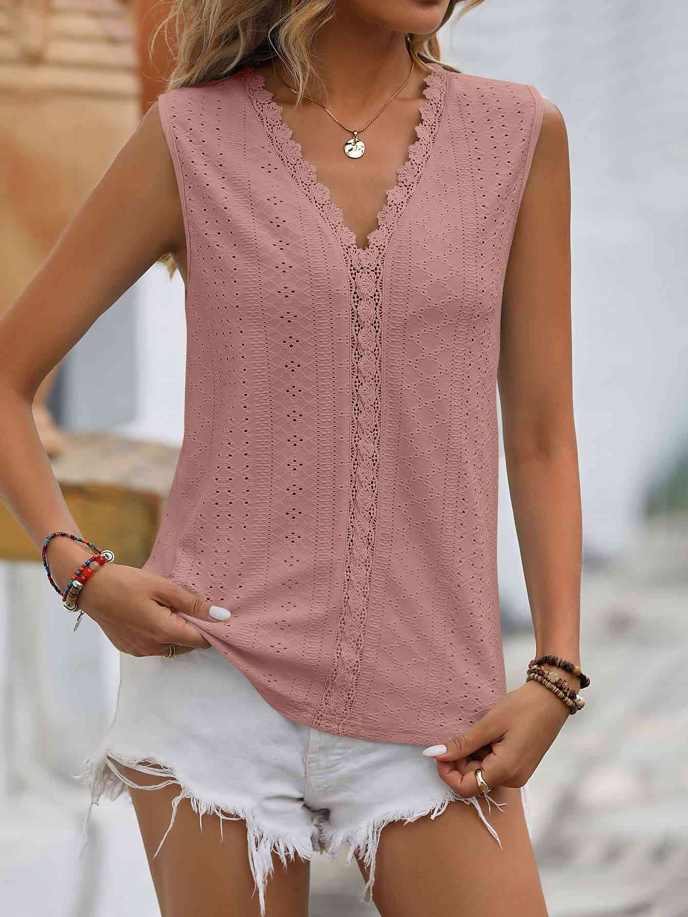 Valenzora | Split Lace V-Neck Sleeveless Shirt