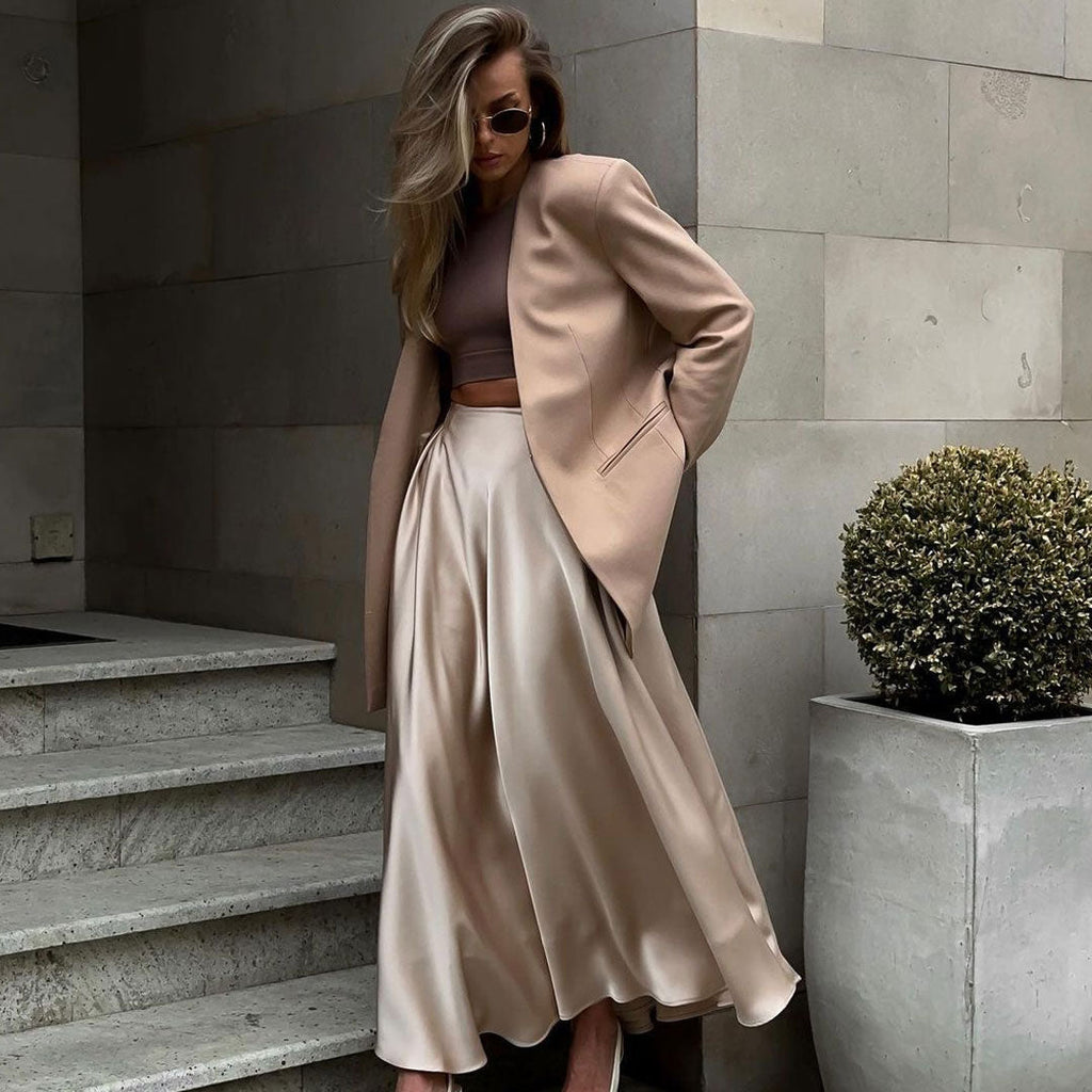 Valenzora | Elegant High Waist Flared A-Line Polished Satin Pleated Midi Skirt