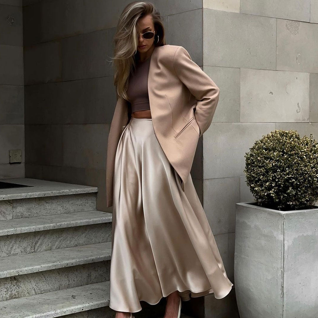 Valenzora | Elegant High Waist Flared A-Line Polished Satin Pleated Midi Skirt