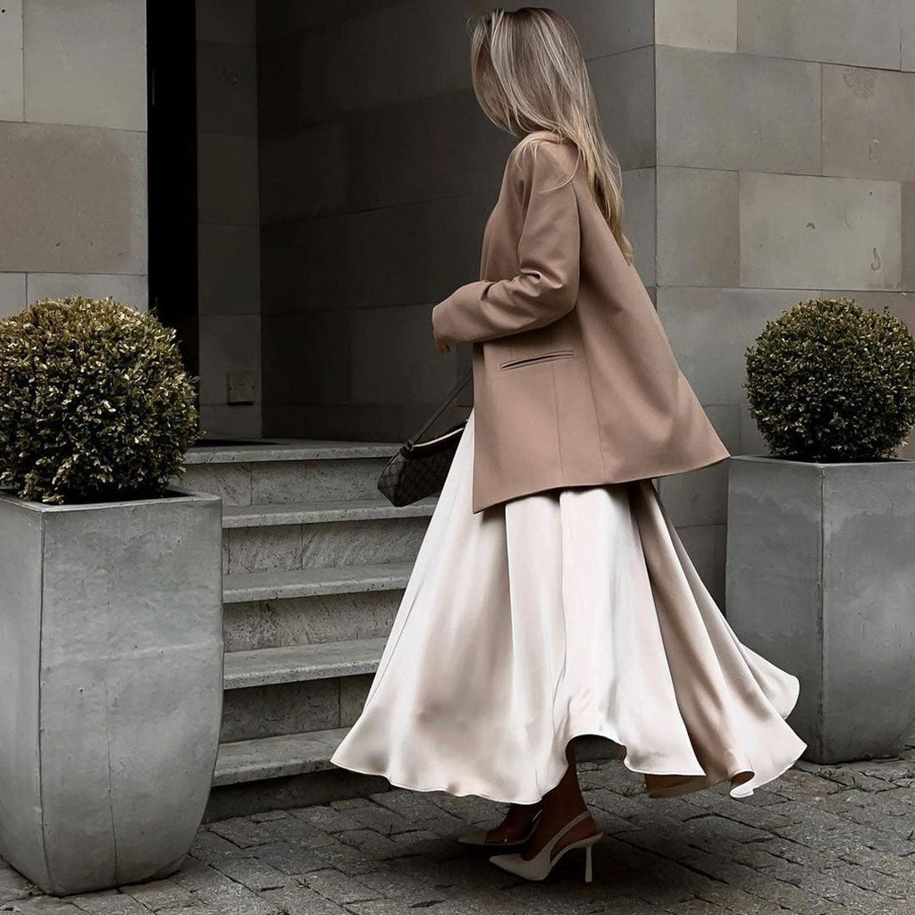 Valenzora | Elegant High Waist Flared A-Line Polished Satin Pleated Midi Skirt