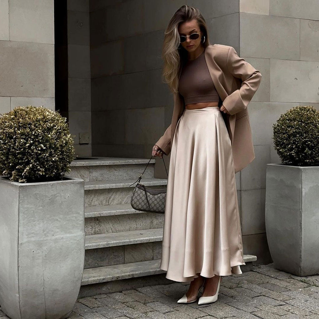 Valenzora | Elegant High Waist Flared A-Line Polished Satin Pleated Midi Skirt