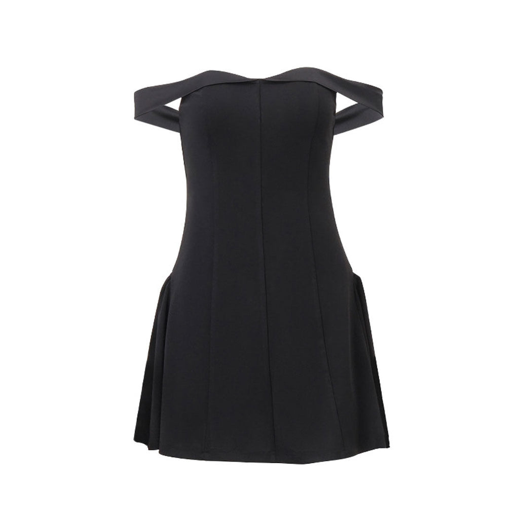 Valenzora | Elegant Satin Panel Off the Shoulder Fit and Flare Mini Party Dress