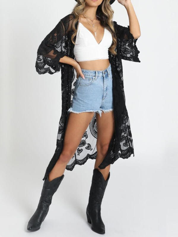 Valenzora | Bestickter Spitzenbikini und Strandponcho aus Netzstoff