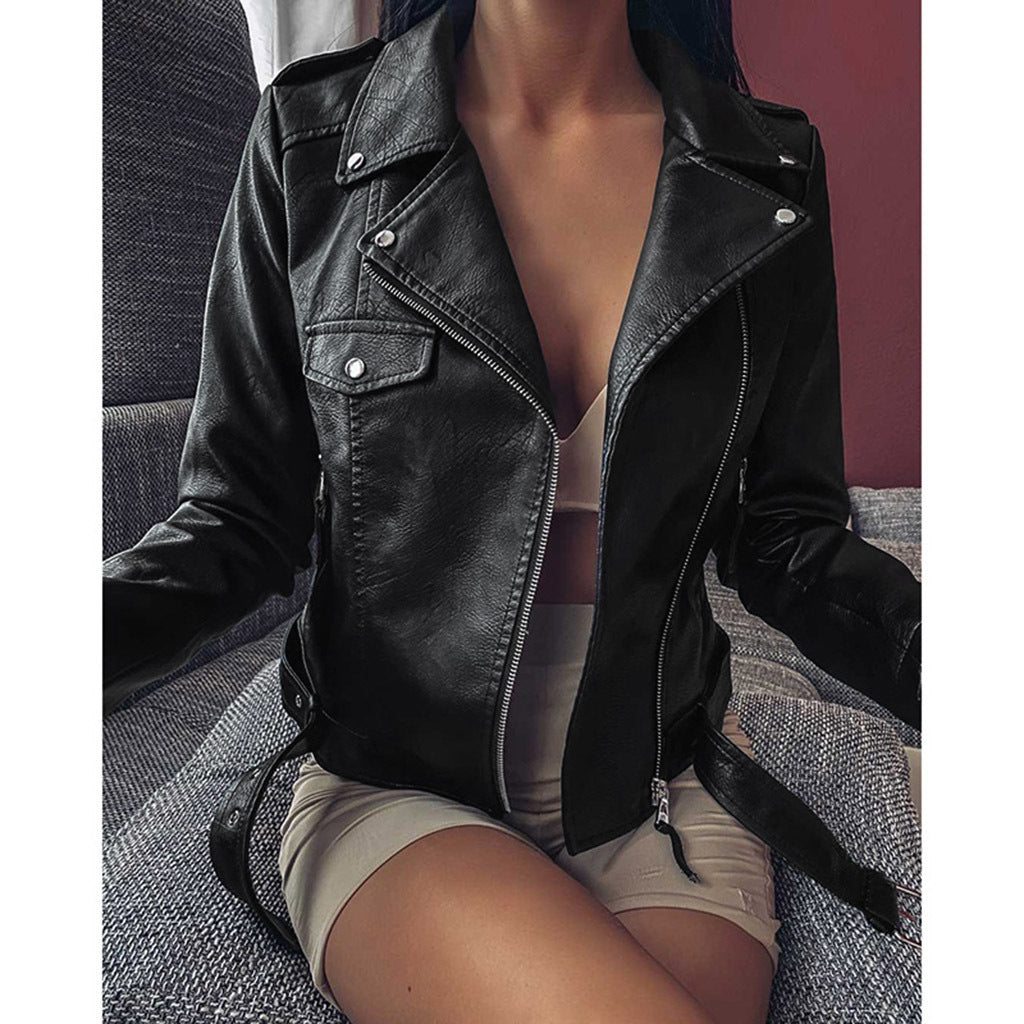 Valenzora | Black leather jacket with zipper and lapel buttons