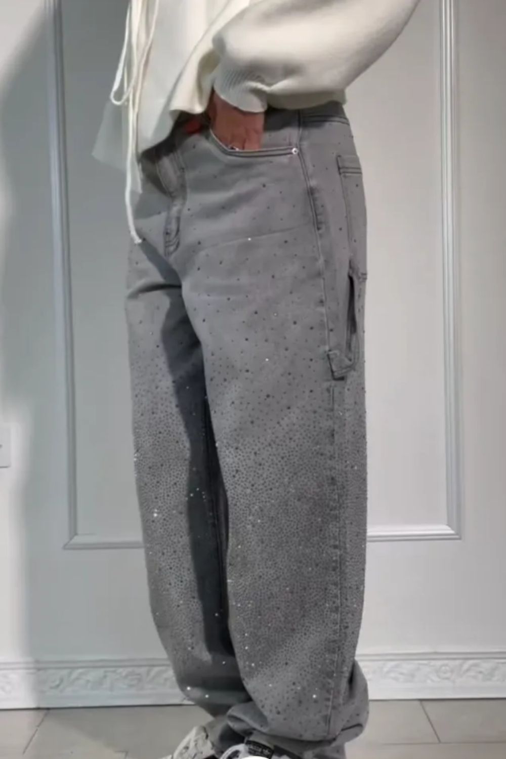 Valenzora | Women's Washed Jeans with Rhinestone Details, Wide Fit