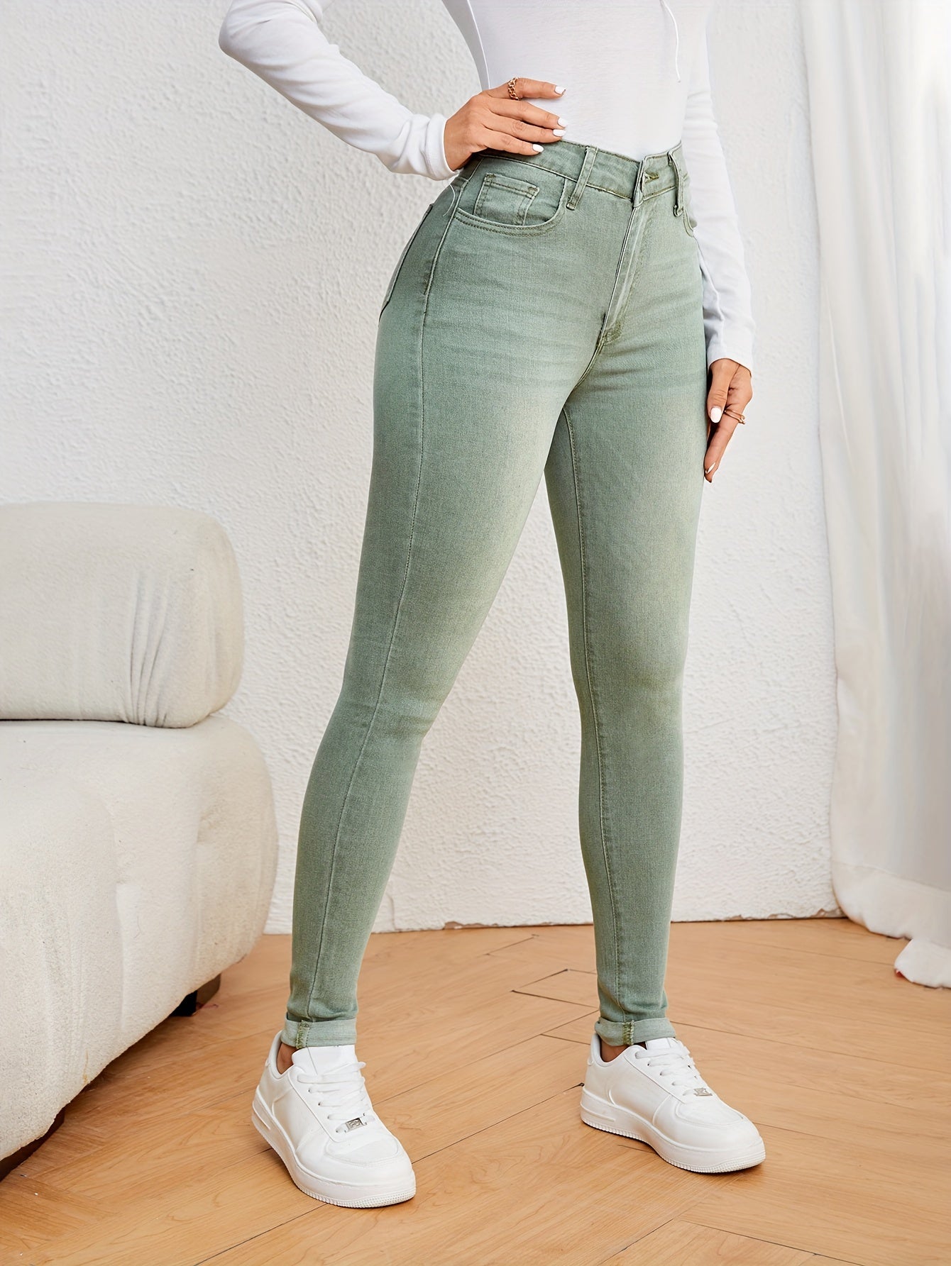 Valenzora | Olive Green High Waist Slim Fit Jeans with Stretch Denim