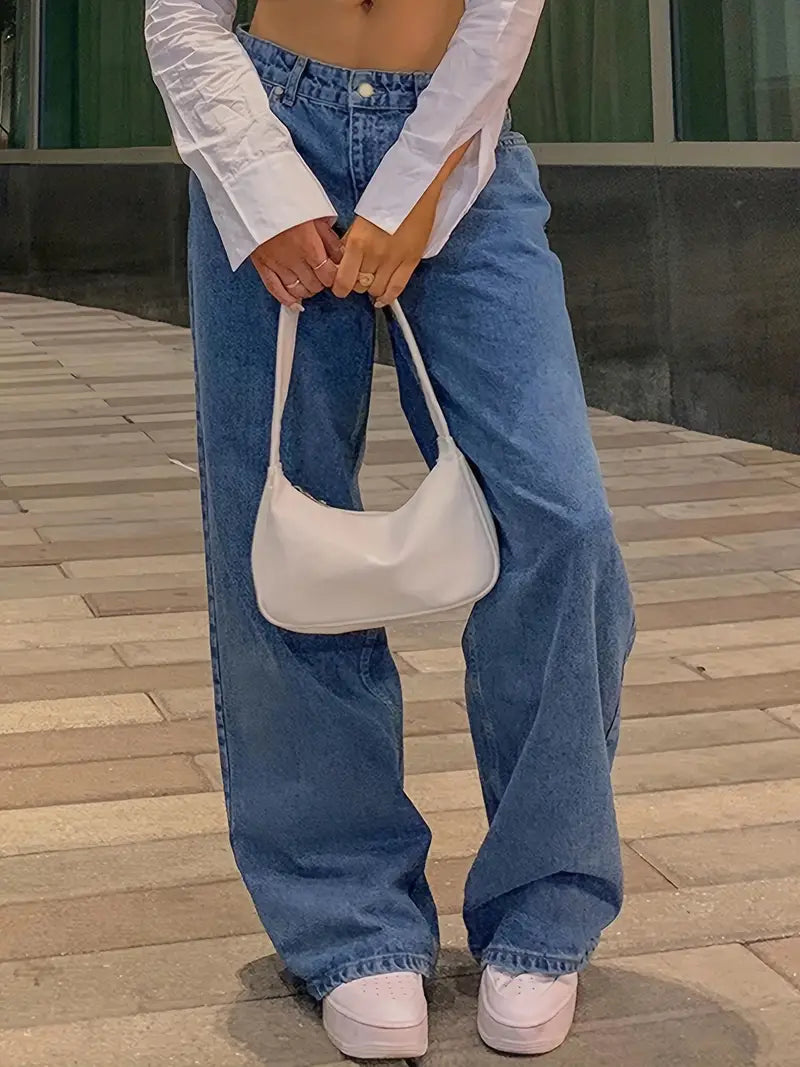 Valenzora | Dark Blue Loose Baggy Boyfriend Jeans with Low Waist