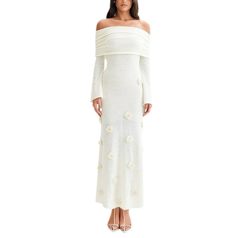 Valenzora | Three-dimensional floral dress with off-the-shoulder knit