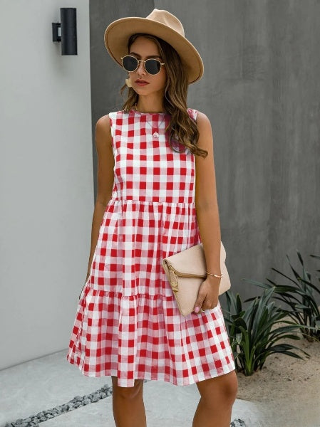 Valenzora | Mode, locker sitzendes Damenkleid mit Rundhalsausschnitt, karierter Pastell-Midi-Rock