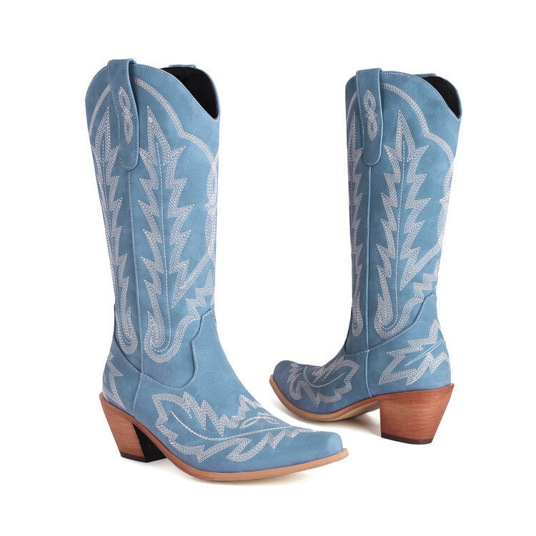 Valenzora | Embroidered Long Knee-High Boots Pointed Toe Chunky Heel High Heel