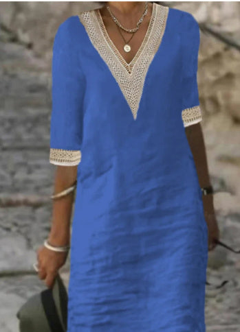 Valenzora | Simple cotton linen dress with V-neck and half sleeves