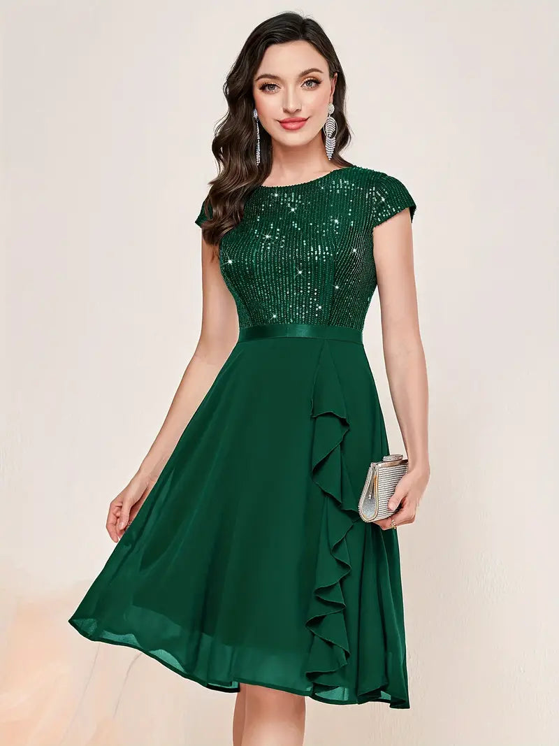 Valenzora | Elegant dress with short sleeves, sequins and ruffles