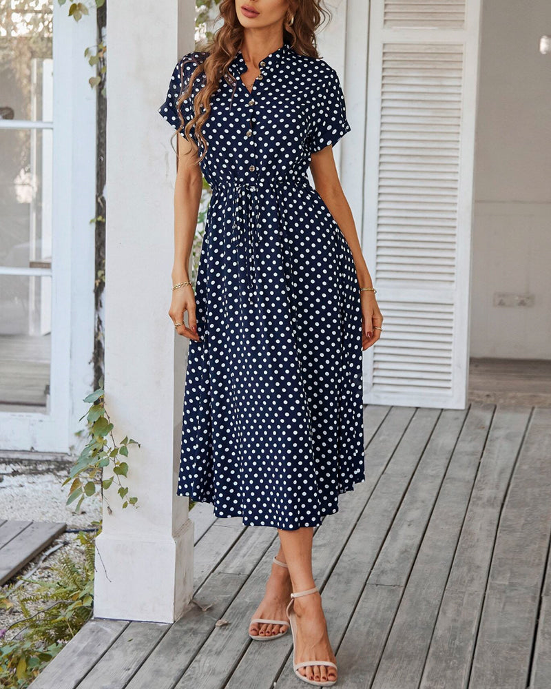 Valenzora | Dress with polka dot drawstring and button placket