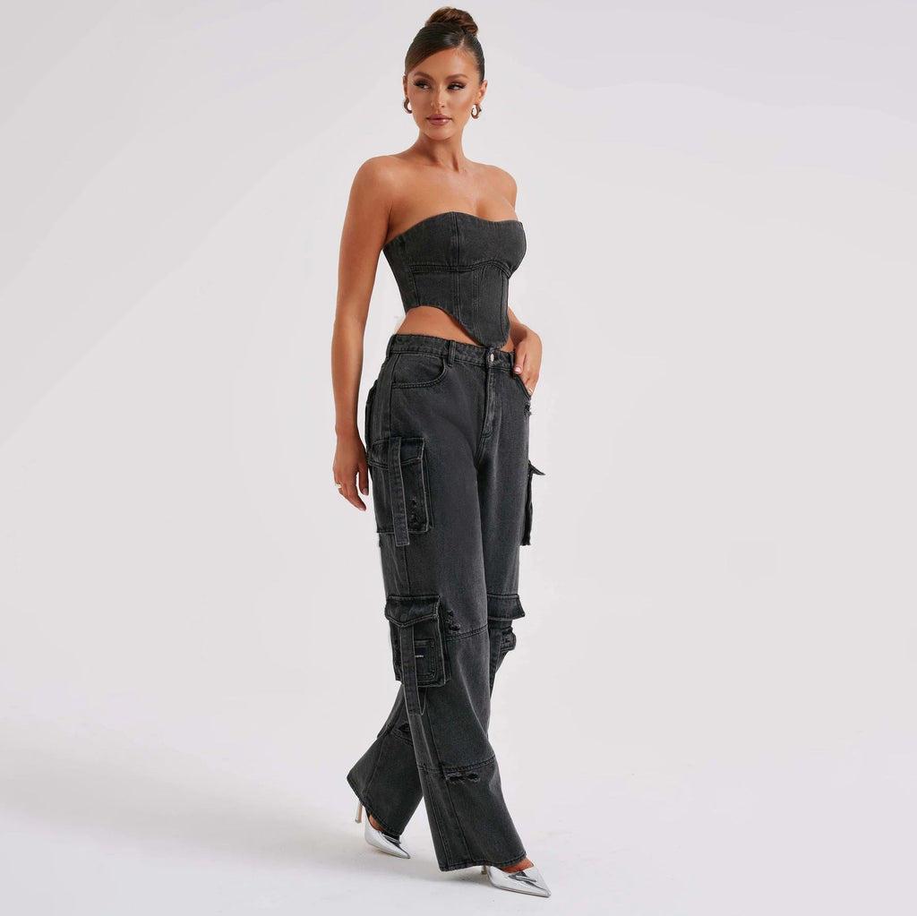 Valenzora | Denim Suits Summer Sexy Back Cutout Tube Top and Multiple Pockets Straight Trousers Fashion Long Trousers Suit Women's Clothing