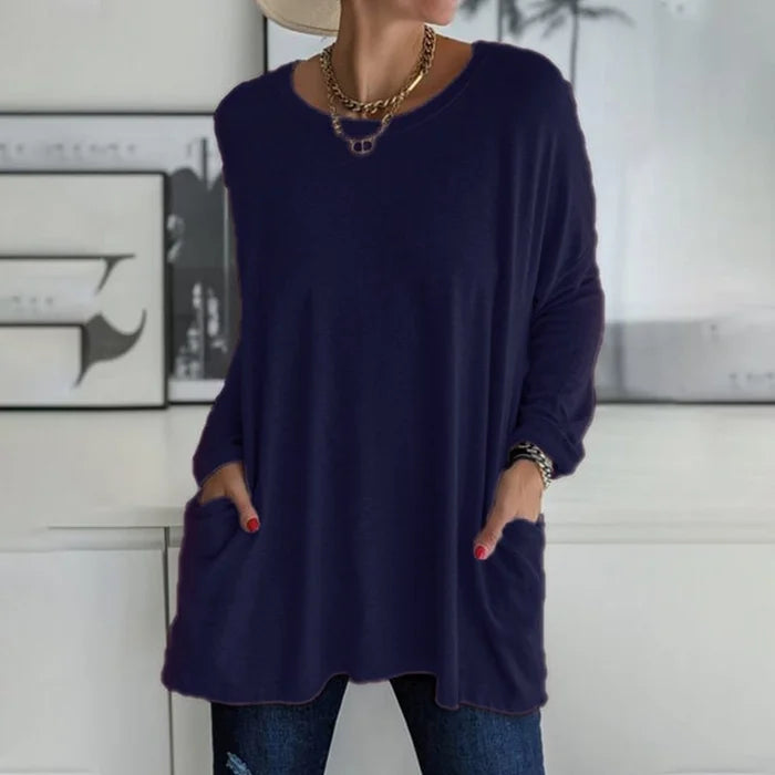 Valenzora | Fashionable tunic top with pockets - Relaxed fit, round neck, long sleeves