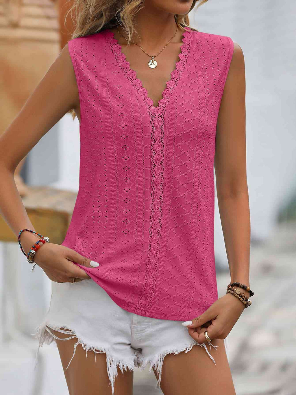 Valenzora | Split Lace V-Neck Sleeveless Shirt