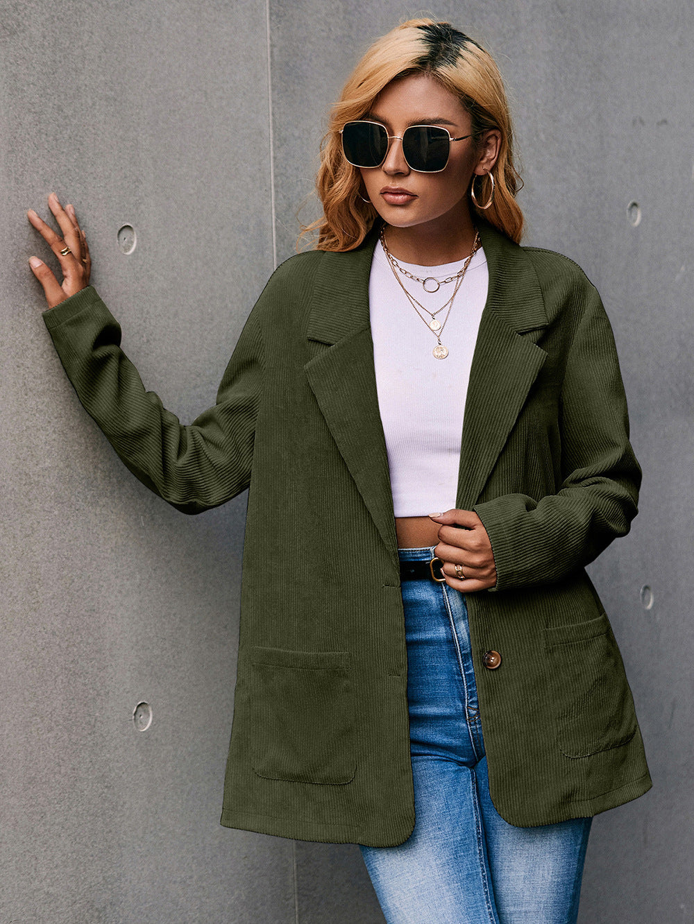 Valenzora | Cord-Longline-Blazer mit langen Ärmeln und Taschen