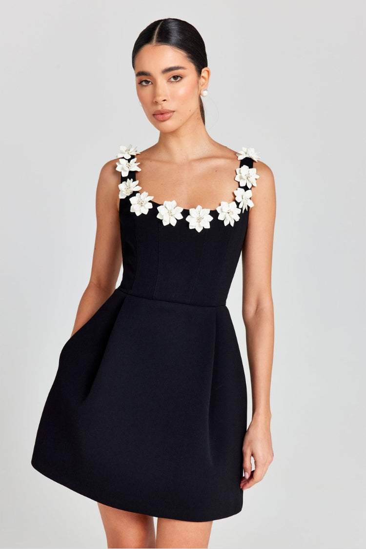 Valenzora | Cindy Faux Pearl Flower Applique Square Neckline Pockets Mini Dress