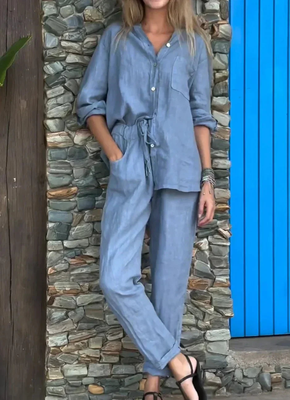 Valenzora | Casual V-neck shirt & trousers cotton-linen set