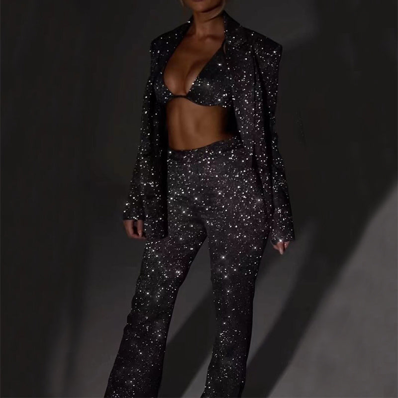 Valenzora | Shiny women's suit set with blazer and straight-leg trousers for parties
