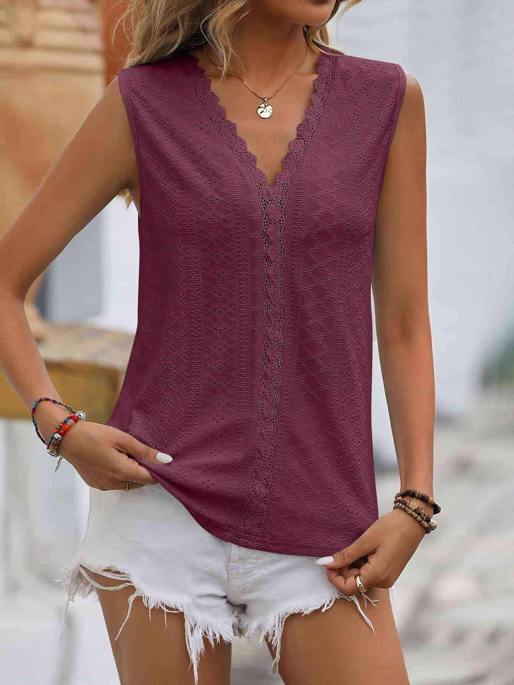 Valenzora | Split Lace V-Neck Sleeveless Shirt
