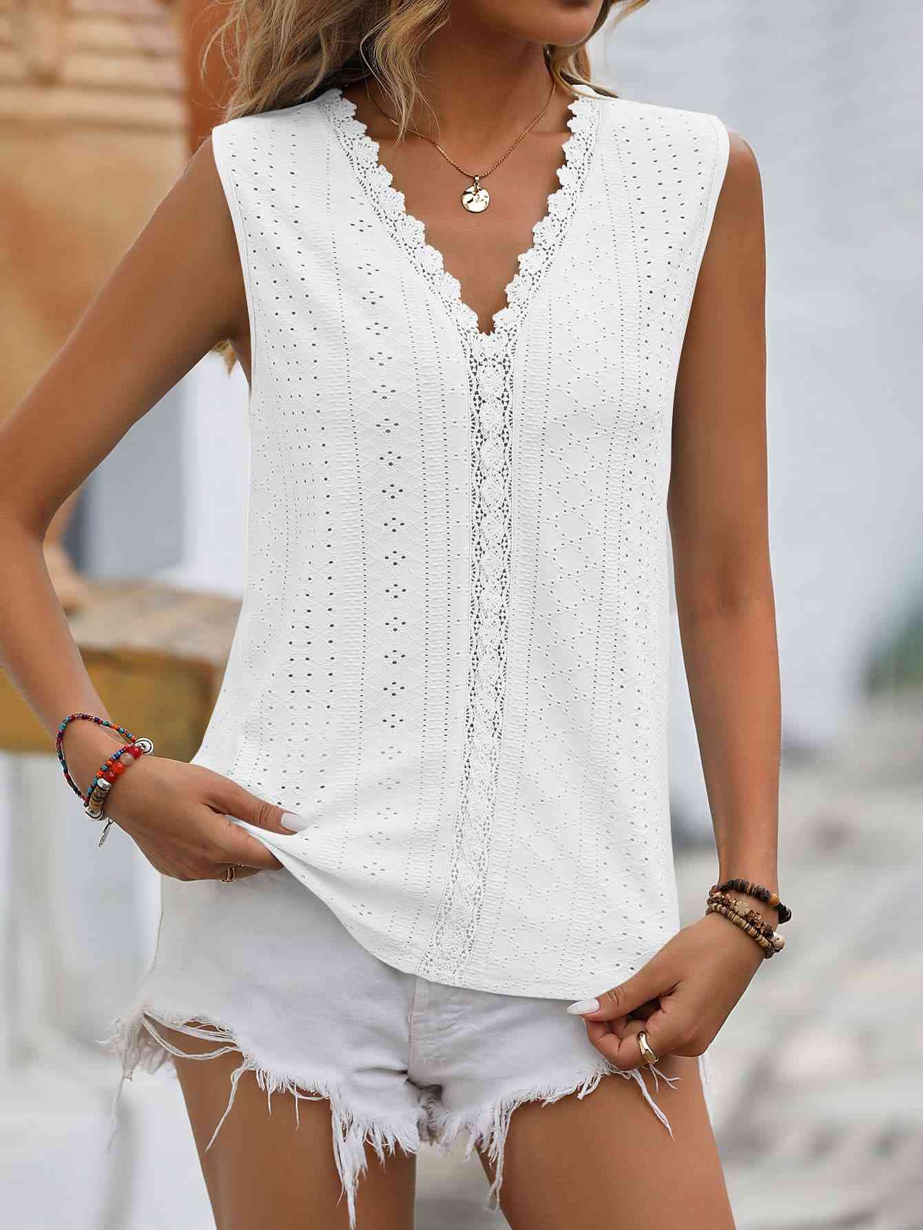 Valenzora | Split Lace V-Neck Sleeveless Shirt