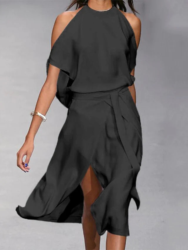 Valenzora | Midikleid, schulterfreier Wickelstil mit vorderem Schlitz, elegant fallende Passform