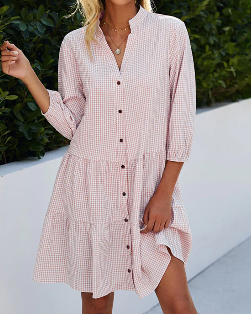 Valenzora - Checked A-line dress with button placket for women | resembles a shirt dress