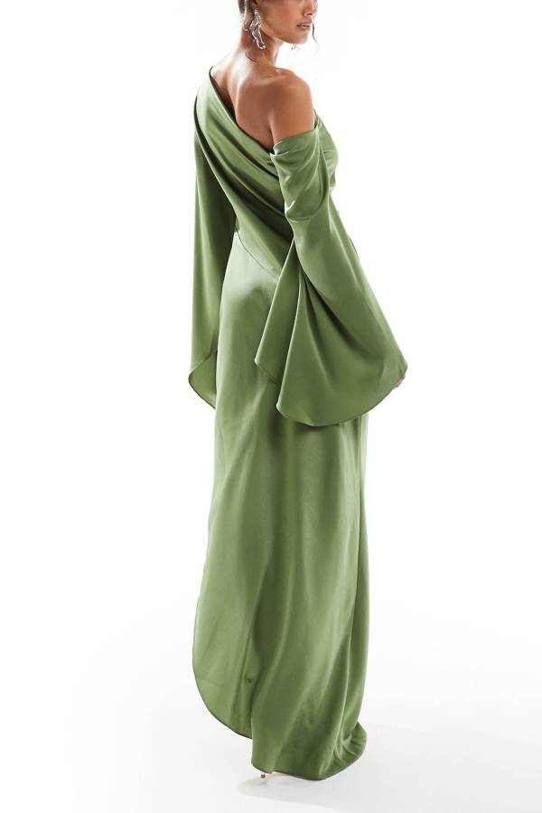 Valenzora | Zayla Satin Asymmetrical One Shoulder Bell Sleeve Slit Maxi Dress
