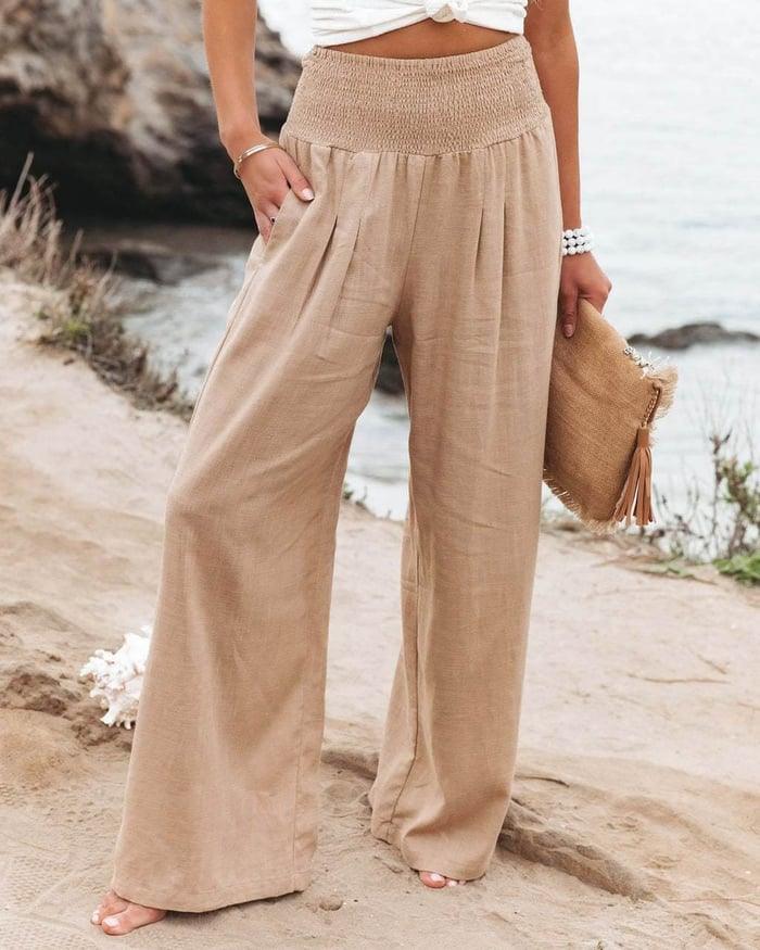 Valenzora - Casual Comfort: Wide-leg trousers in a high-waisted cotton-linen blend | Flowing beach trousers with a smocked waistband