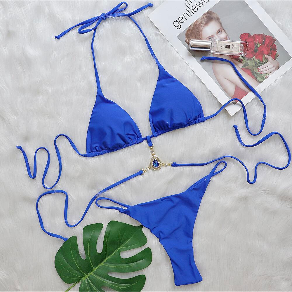 Valenzora | Glitter Crystal String Thong Slide Triangle Brazilian Two Piece Bikini Swimsuit