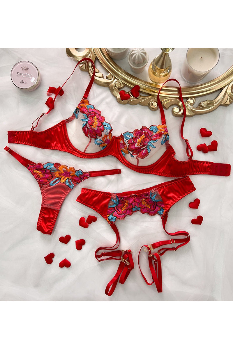 Valenzora | Satin Sheer Floral 3 Piece Lingerie Set