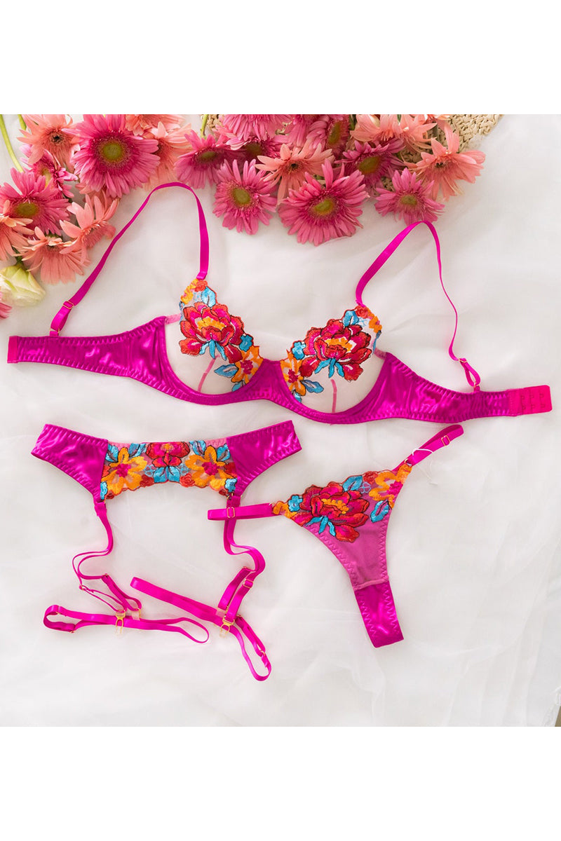 Valenzora | Satin Sheer Floral 3 Piece Lingerie Set