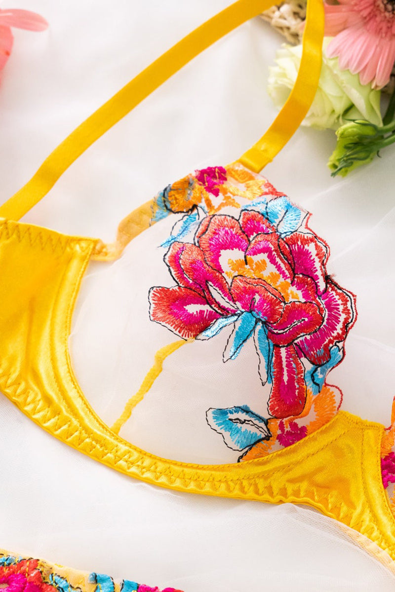 Valenzora | Satin Sheer Floral 3 Piece Lingerie Set