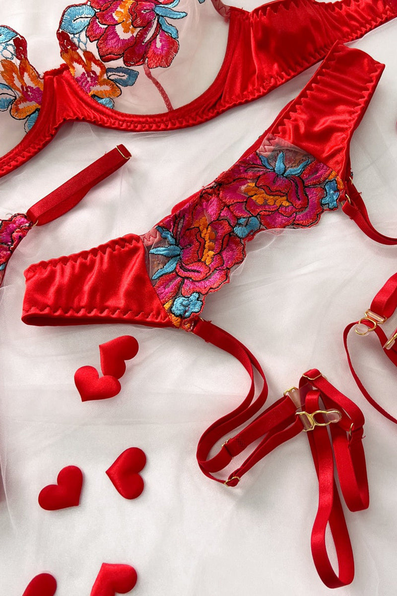 Valenzora | Satin Sheer Floral 3 Piece Lingerie Set
