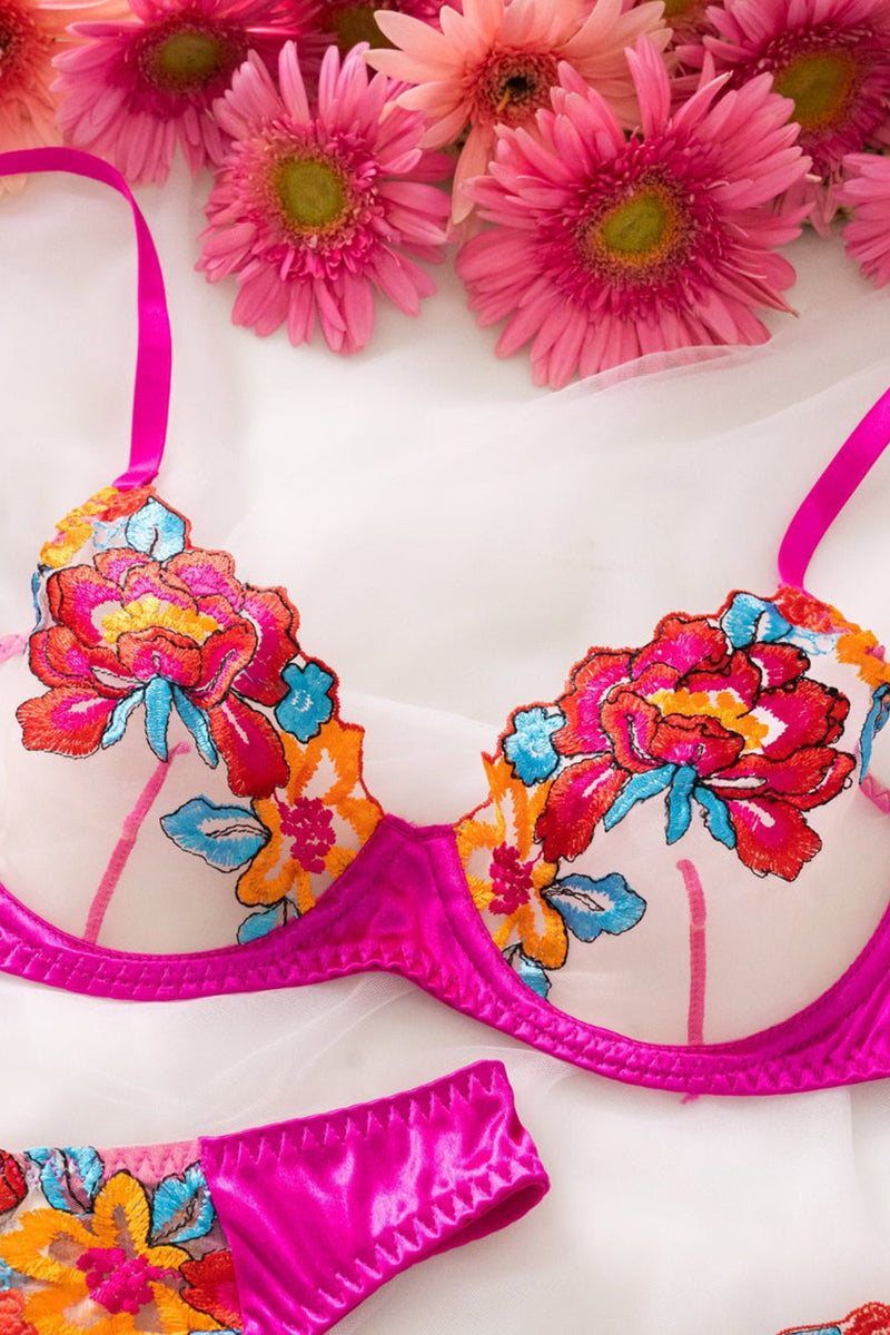 Valenzora | Satin Sheer Floral 3 Piece Lingerie Set