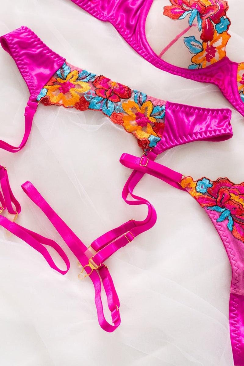 Valenzora | Satin Sheer Floral 3 Piece Lingerie Set