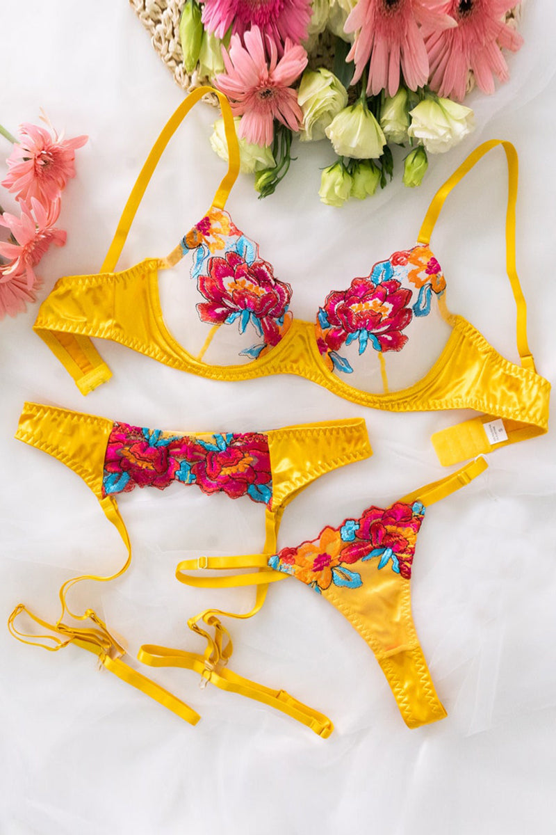 Valenzora | Satin Sheer Floral 3 Piece Lingerie Set