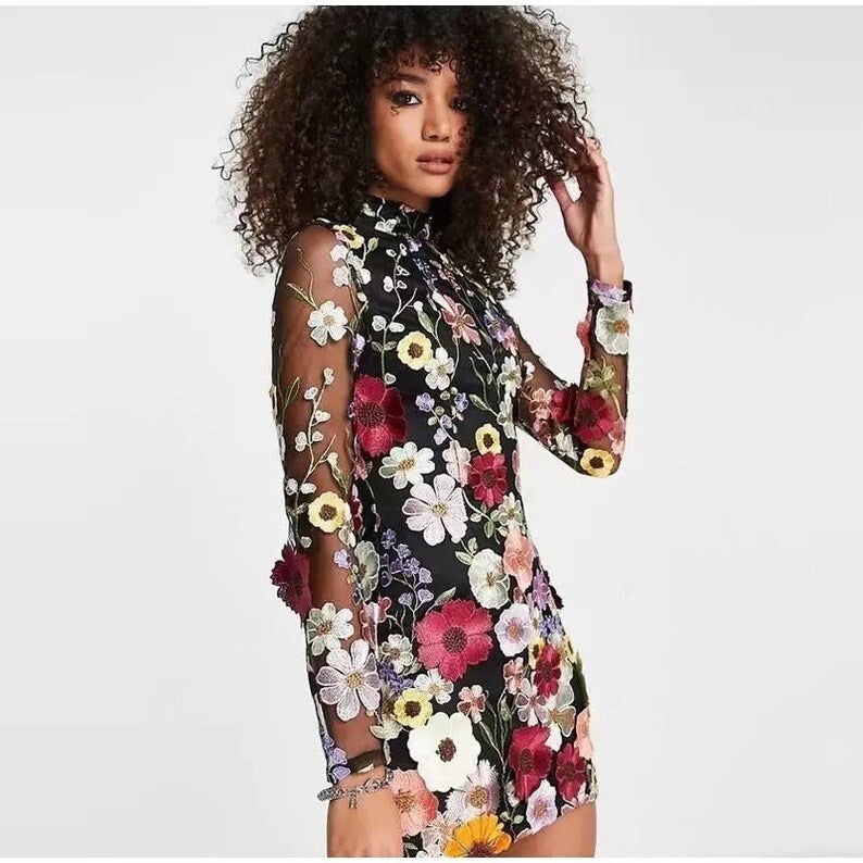 Valenzora | Mini dress with floral appliqués and sheer look