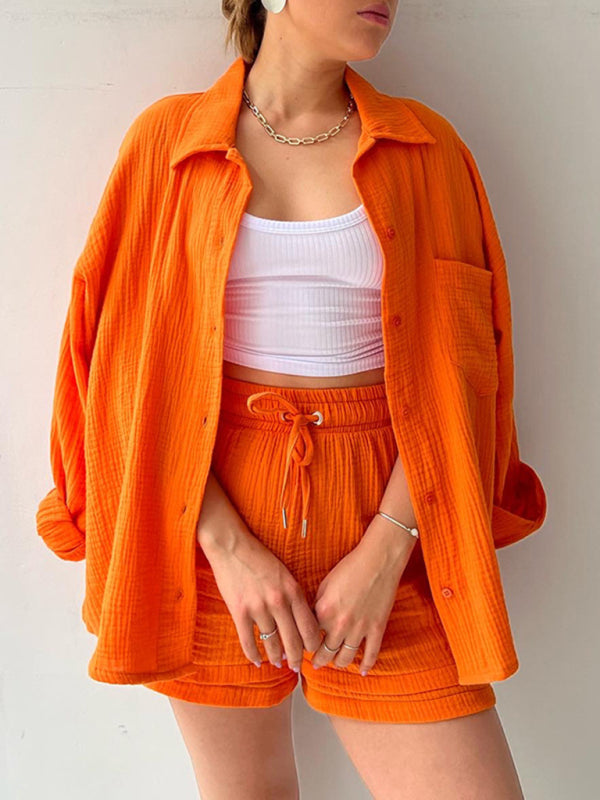 Valenzora | Women's Solid Color Lapel Collar Shirt & Shorts Two-Piece Set