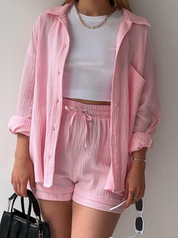 Valenzora | Women's Solid Color Lapel Collar Shirt & Shorts Two-Piece Set