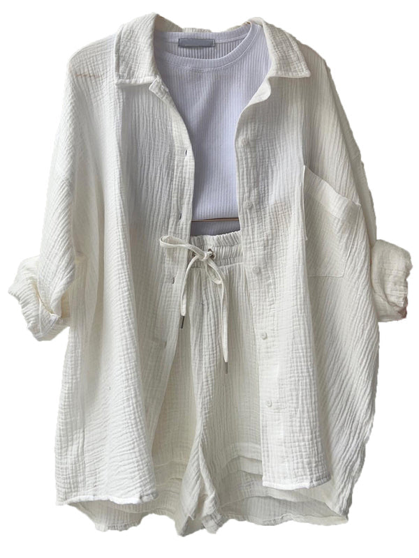 Valenzora | Women's Solid Color Lapel Collar Shirt & Shorts Two-Piece Set