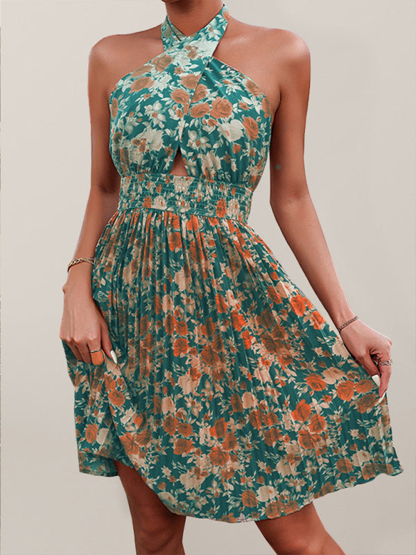 Valenzora | Women's Woven Sexy Halter Neck Backless Floral Dress