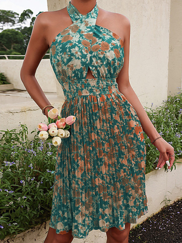 Valenzora | Women's Woven Sexy Halter Neck Backless Floral Dress