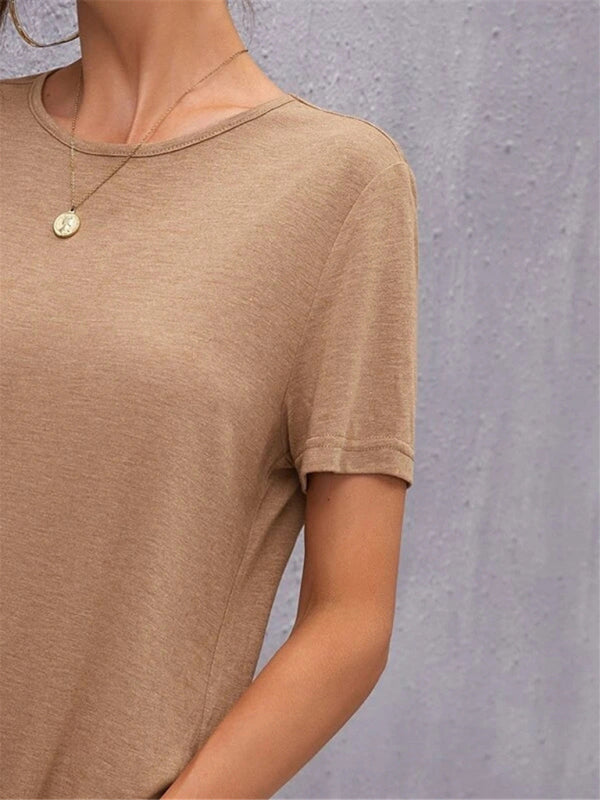 Valenzora | Women's Knit Short Sleeve Dress Round Neck Slit Mid Skirt