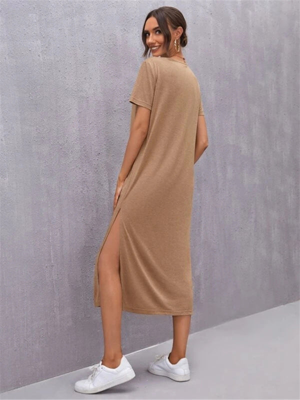 Valenzora | Women's Knit Short Sleeve Dress Round Neck Slit Mid Skirt