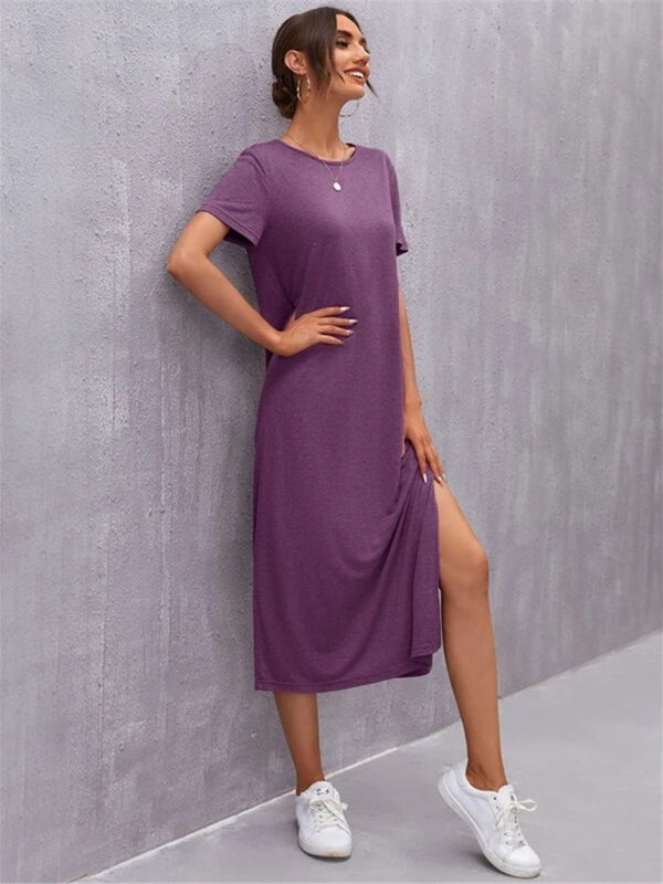 Valenzora | Women's Knit Short Sleeve Dress Round Neck Slit Mid Skirt